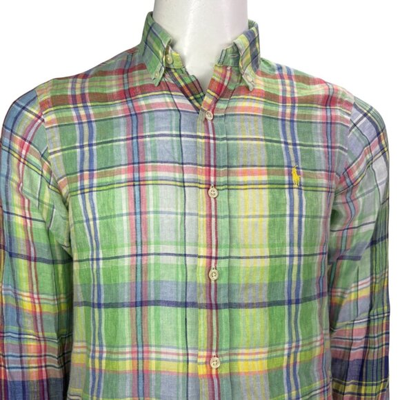 Ralph Lauren Mens Classic Fit Ocean Wash Linen Shirt Green Plaid Size S - Picture 4 of 14